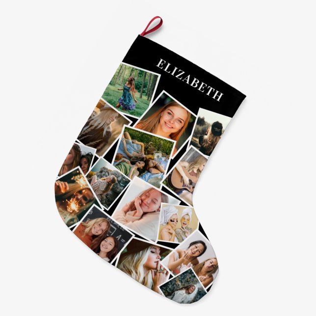 Grande Chaussette De Noël Collage photo de nom personnalisé (Devant (Accrochage))