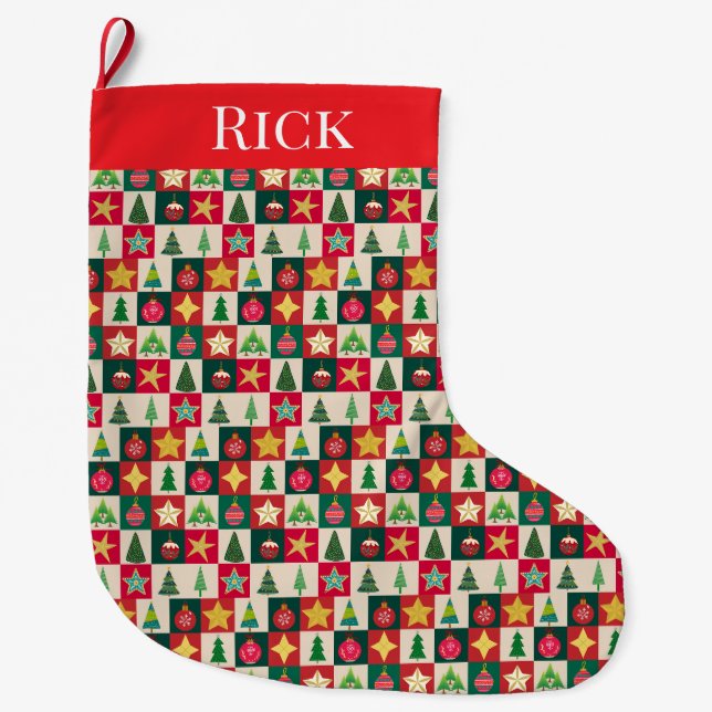 Grande Chaussette De Noël Collection Arbres Ornements et étoiles (Devant)