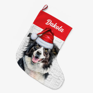 Grande Chaussette De Noël Collie à la frontière de Noël avec le nom du chien