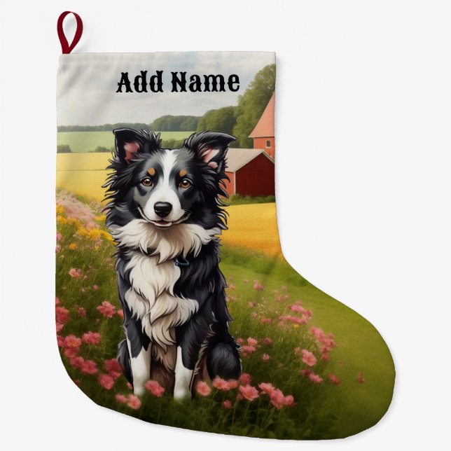Grande Chaussette De Noël Collie frontalier à la ferme (Devant)