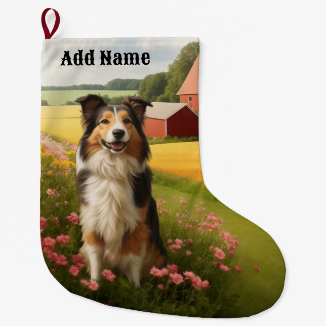 Grande Chaussette De Noël Collie standard à la ferme (Devant)