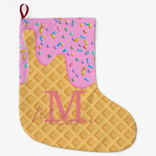 Grande Chaussette De Noël Cône de glace avec glaçage rose et paillettes