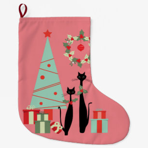 Grande Chaussette De Noël Cool moderne du milieu du siècle Chat Pair & Chri