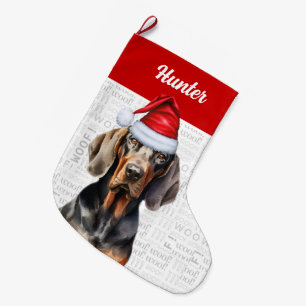 Grande Chaussette De Noël Coonhound noir de Noël avec le nom du chien