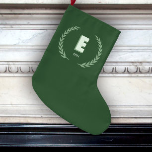 Grande Chaussette De Noël Couronne de laurier vert Lettre E monogramme