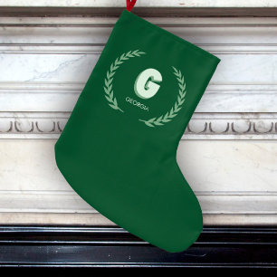 Grande Chaussette De Noël Couronne de laurier vert Lettre G monogramme