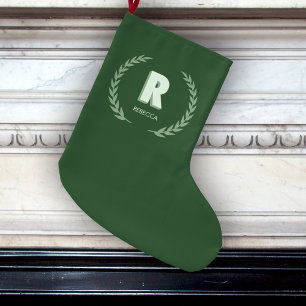 Grande Chaussette De Noël Couronne de laurier vert Lettre R Monogramme 