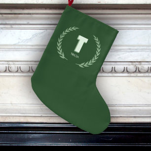Grande Chaussette De Noël Couronne de Laurier Vert Lettre T Monogramme