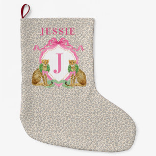 Grande Chaussette De Noël Couronne de Noël avec monogramme et nom de léopard