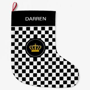 Grande Chaussette De Noël Couronne d'or sur le Motif d'échecs noir blanc
