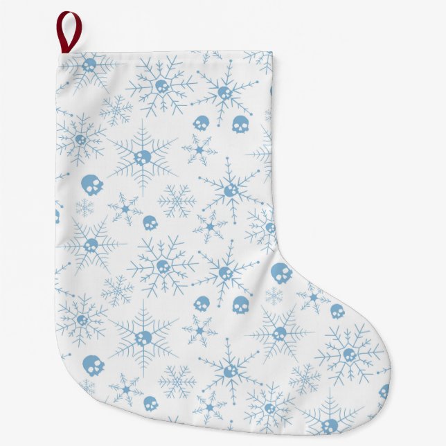 Grande Chaussette De Noël Crâne effrayant Creepmas Noël Snowflakes blanc (Devant)