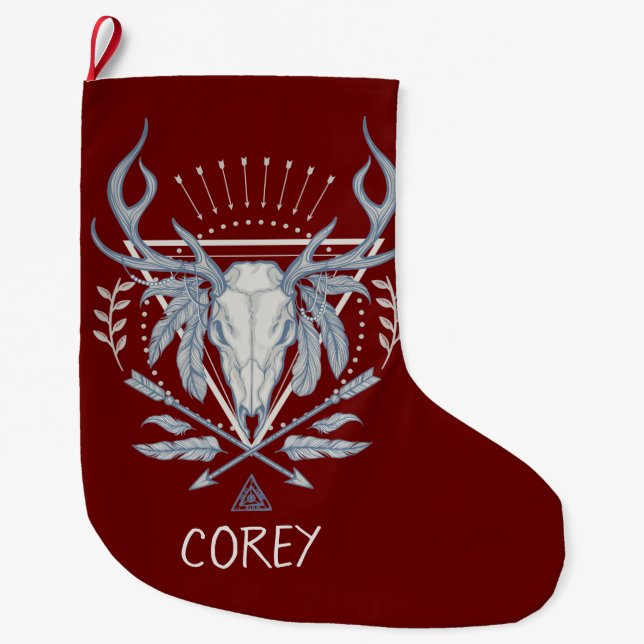 Grande Chaussette De Noël Crâne tribal de Boho Personnalisé (Devant)