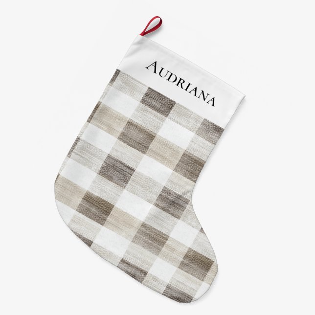 Grande Chaussette De Noël Crème biologique Tan Plaid Stripes Noël (Devant (Accrochage))