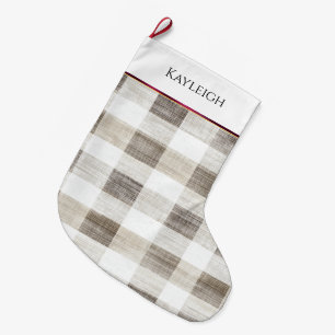 Grande Chaussette De Noël Crème Tan Bio Blanc Plaid Bande bordeaux
