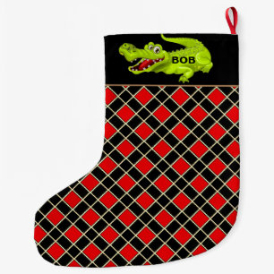 Grande Chaussette De Noël Crocodile sur fond à motif diamant noir et rouge