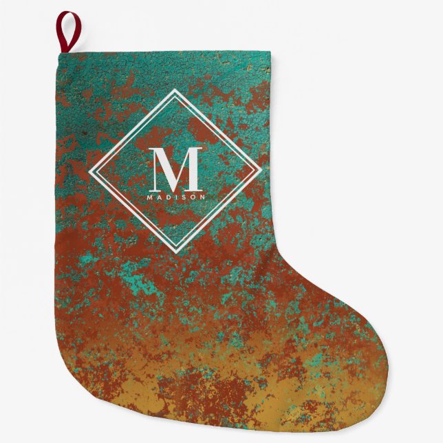 Grande Chaussette De Noël Cuivre Turquoise Texture métallique Monogramme ini (Devant)