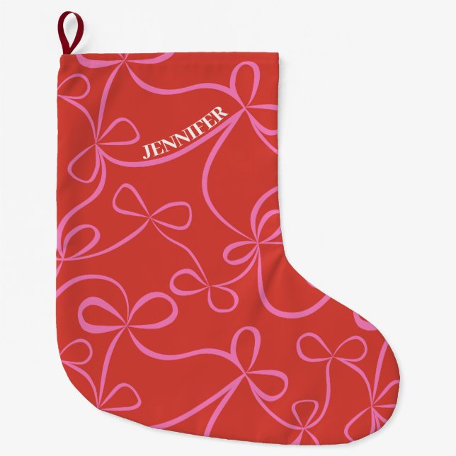 Grande Chaussette De Noël Custom Name Pink & Red Ribbon Bow Pattern Holiday (Devant)