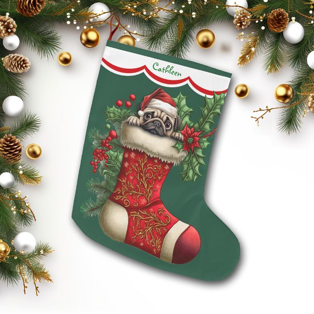 Grande Chaussette De Noël Cute Carlin Chiot Peeking (Créateur téléchargé)
