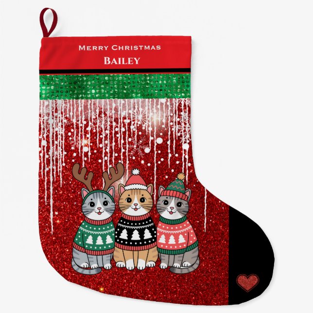 Grande Chaussette De Noël Cute Cats Joyeux Noël Nom personnalisé (Devant)