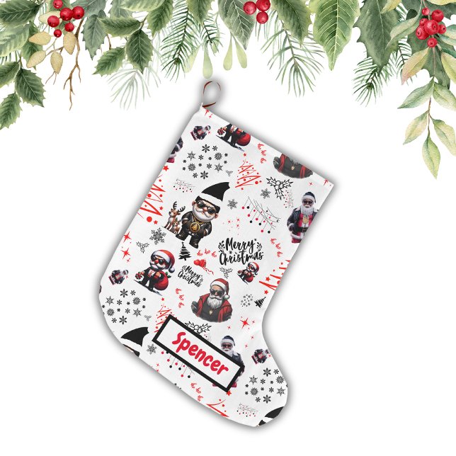 Grande Chaussette De Noël Cute Gangster Père Noël Joyeux Noël en blanc | (Créateur téléchargé)