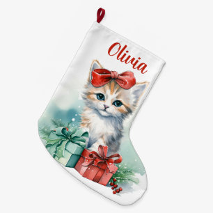 Grande Chaussette De Noël Cute Kitten de Noël avec cadeaux et nom