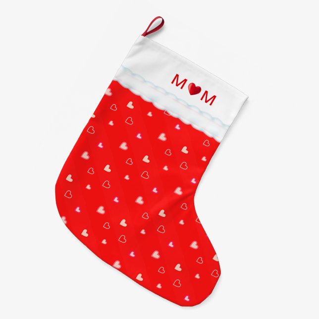 Grande Chaussette De Noël Cute Mom with Heart & Heart Pattern on Red (Devant (Accrochage))
