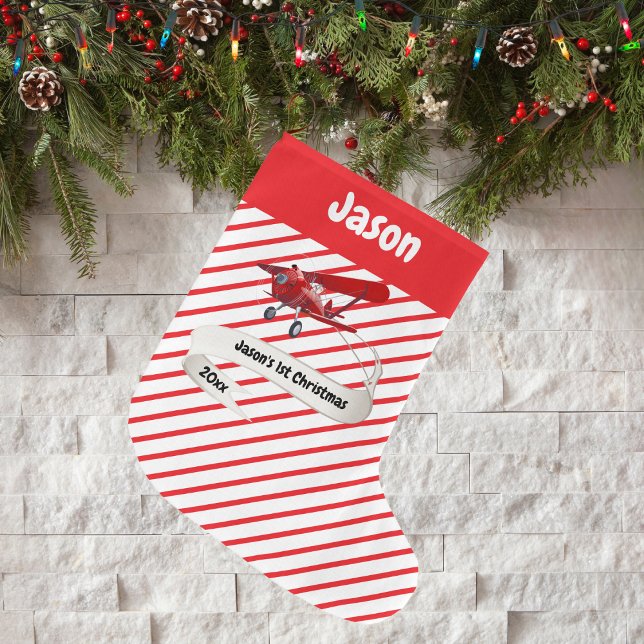 Grande Chaussette De Noël Cute Père Noël & Avion, Premier Noël, Personnalisé (Créateur téléchargé)