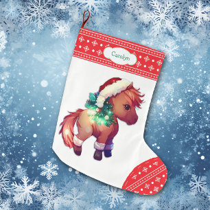 Grande Chaussette De Noël Cute Pony Snowflake Bordure rouge Enfants