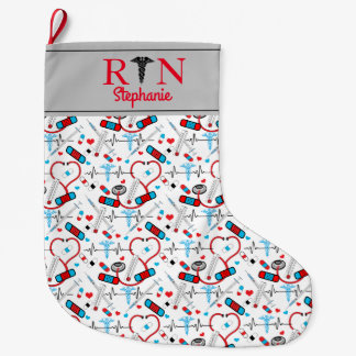Grande Chaussette De Noël Cute Red Stethoscope Nurse | Docteur Motif EKG