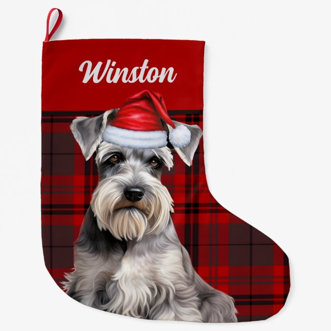 Grande Chaussette De Noël Cute Schnauzer Dog Holiday Plaid Personalized (Devant)