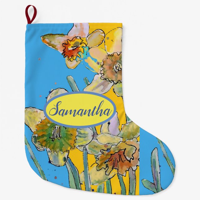 Grande Chaussette De Noël Daffodile jaune orange Fleurs florales Bleu (Devant)
