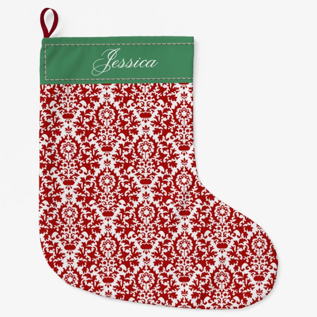 Grande Chaussette De Noël Damas florales rouge, blanc et vert (Devant)