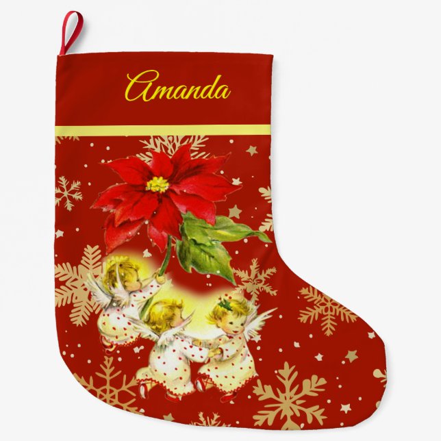 Grande Chaussette De Noël Danser Bébé Angels sur Rouge avec des flocons d'or (Devant)