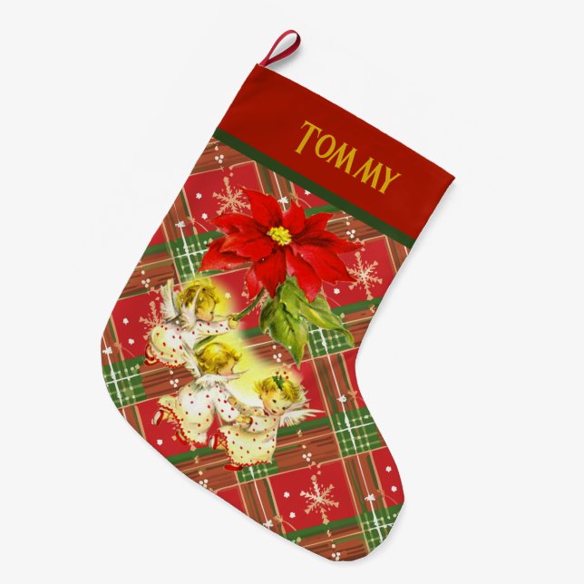 Grande Chaussette De Noël Danser Bébé Angels sur Rouge Vert Plaid (Devant (Accrochage))