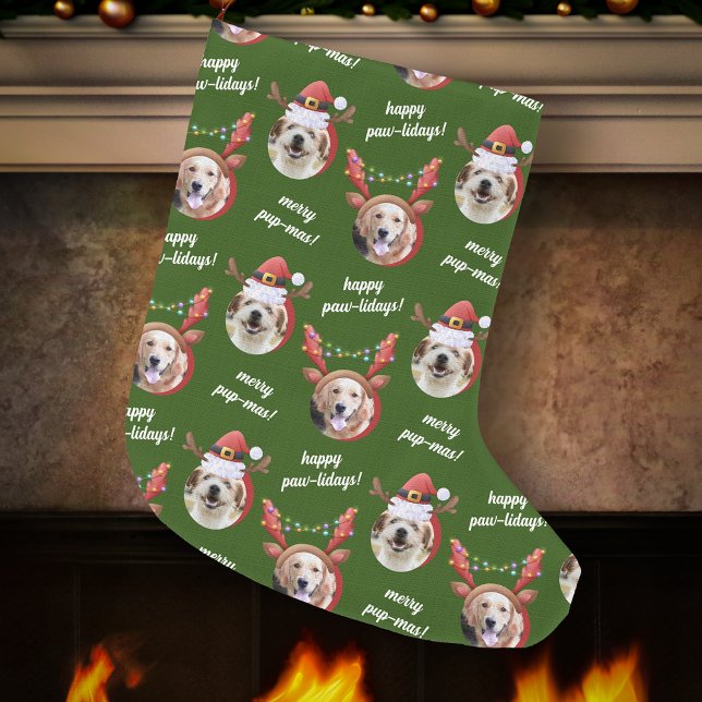 Grande Chaussette De Noël Deux rennes photo de chien Joyeux Noël vert (Créateur téléchargé)