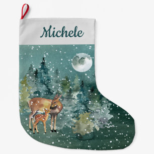 Grande Chaussette De Noël Doe Fawn Deer Forest Pleine lune Snowfall Aquarell