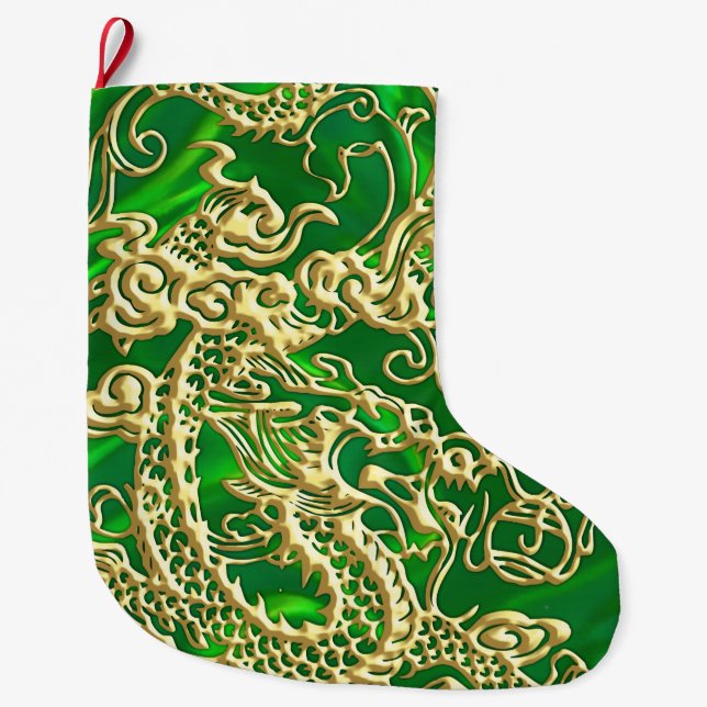 Grande Chaussette De Noël Dragon d'or embouteillé sur GreenSatin (Devant)