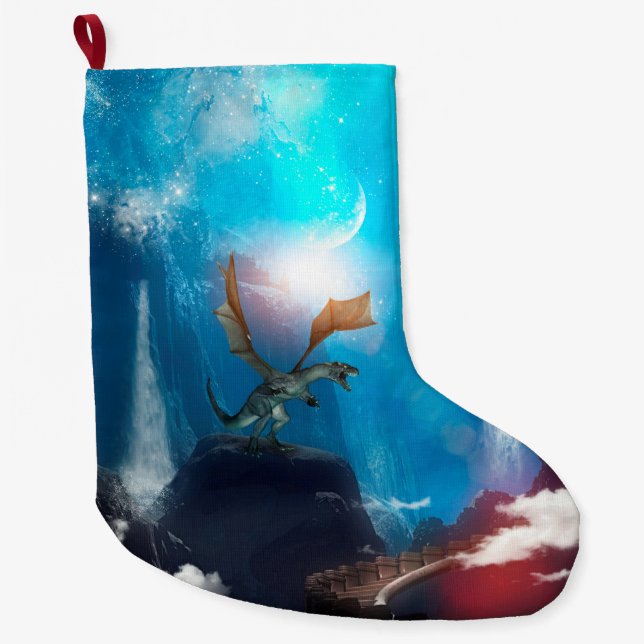 Grande Chaussette De Noël Dragon merveilleux pendant la nuit (Devant)