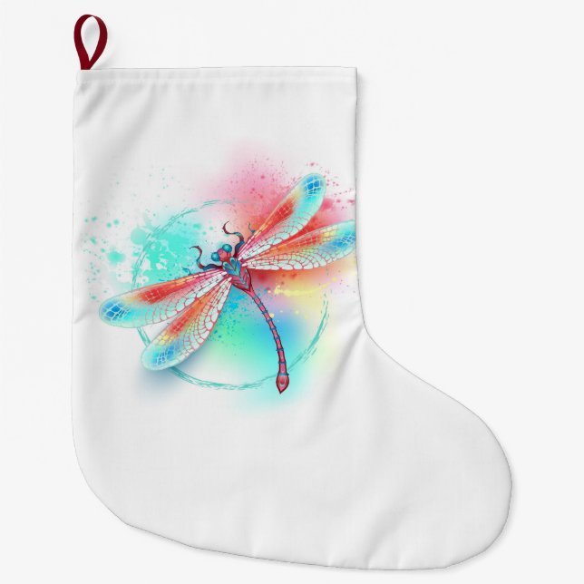 Grande Chaussette De Noël Dragonfly rouge sur l'arrière - plan aquarelle (Devant)