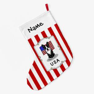 Grande Chaussette De Noël Drapeau américain mignon Boston Terrier Dog (noir)