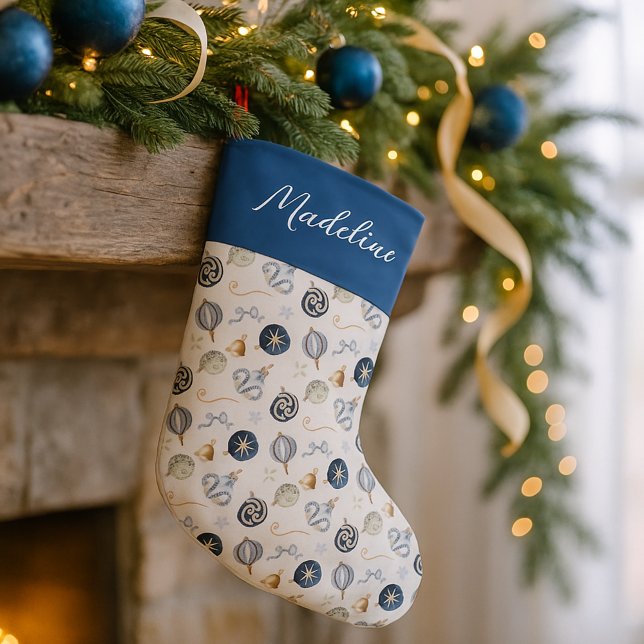 Grande Chaussette De Noël Elégant Aquarelle Bleu Blanc Bauble (Créateur téléchargé)