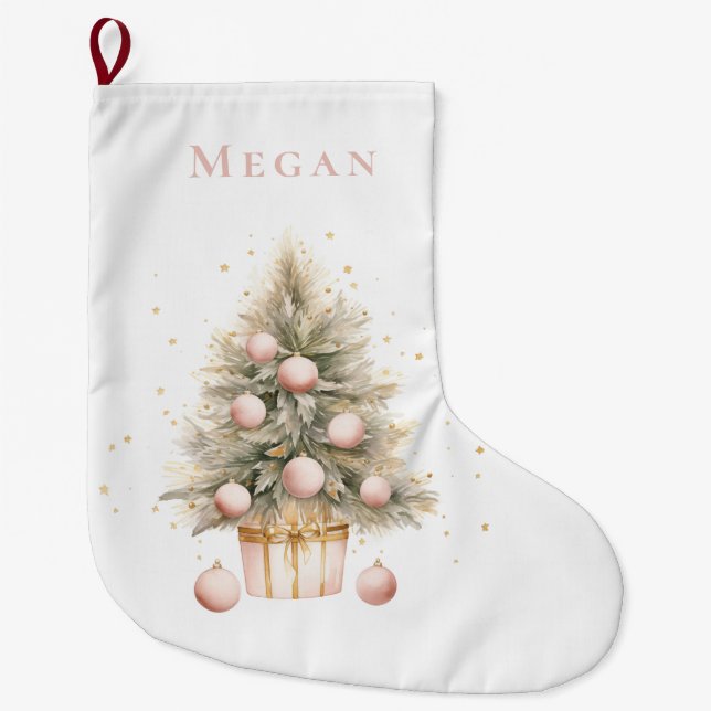 Grande Chaussette De Noël Elégant Aquarelle rose doux Joyeux Arbre de Noël (Devant)