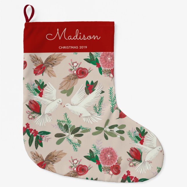 Grande Chaussette De Noël Elégant Beige & Red Birds Doves motif floral (Devant)
