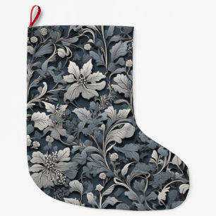 Grande Chaussette De Noël Elégant bleu poussiéreux argent blanc gris gris fl