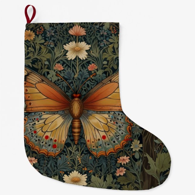 Grande Chaussette De Noël Élégant buho rétro papillon botanique verdure (Devant)