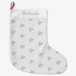 Grande Chaussette De Noël Élégant Motif de coeur argenté