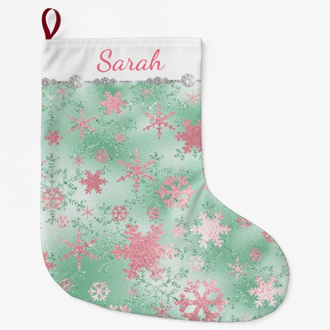 Grande Chaussette De Noël Élégant Motif de Noël rose vert (Devant)