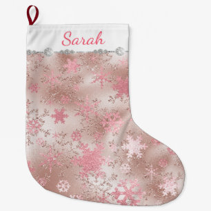 Grande Chaussette De Noël Élégant Motif rose d'or Noël Snowflake