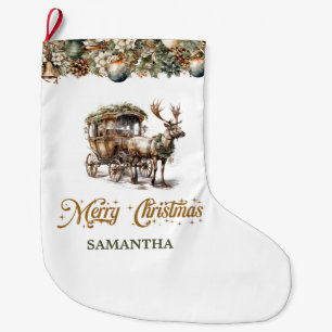 Grande Chaussette De Noël Élégant renne de Noël rustique et chariot
