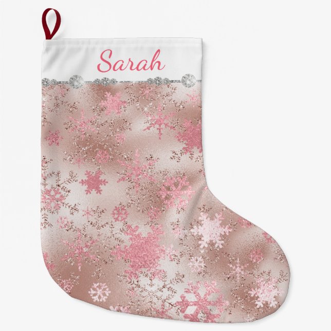 Grande Chaussette De Noël Élégant rose or Noël Snowflake Motif (Devant)